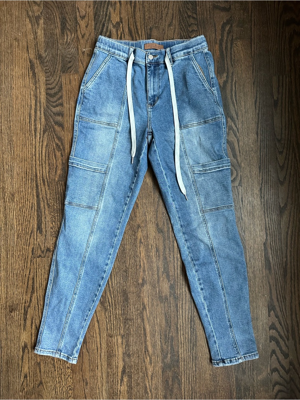 Judy Blue Denim Jogger Jeans Womens 7 or 28 Cargo Utility Stretch Mid Wash
